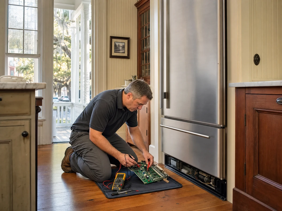 Technician running a dollar-bill seal test on a Sub-Zero door gasket during a condensation diagnosis in a Fernandina Beach kitchen