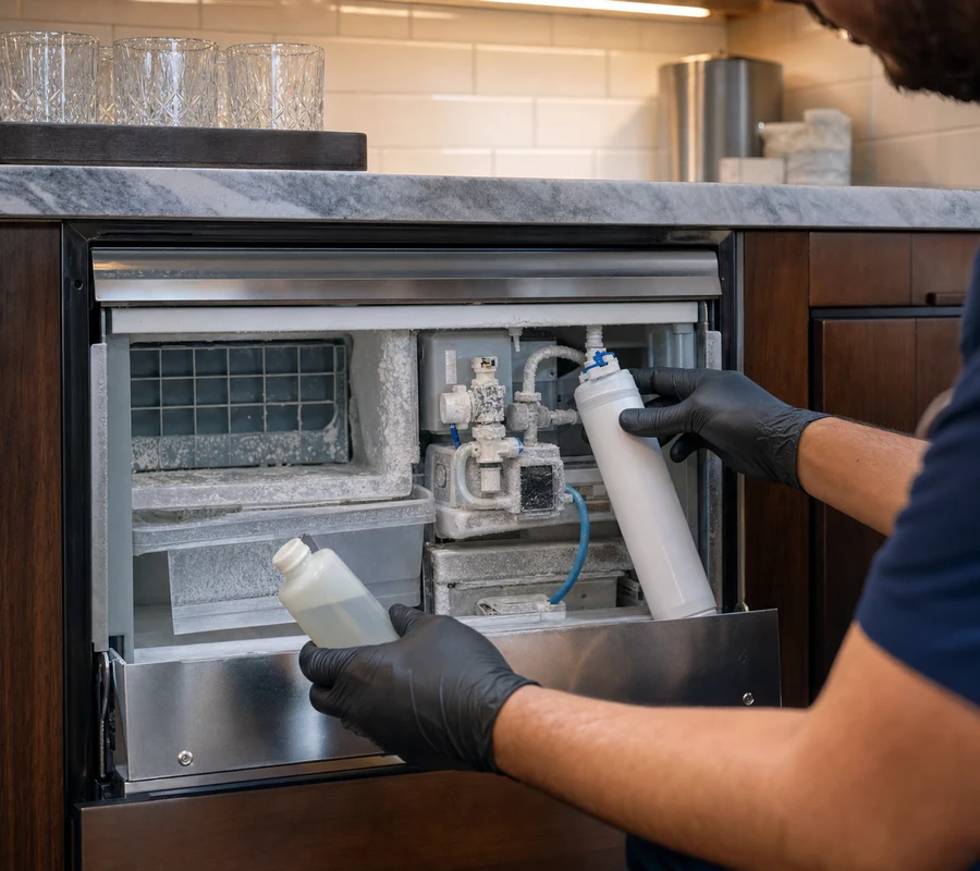 Technician tracing a Sub-Zero water leak to a clogged defrost drain and scaled ice maker line in an Amelia Island kitchen